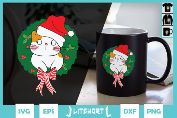 Christmas Wreath Cat with Santa Hat: Graphics & Crafts